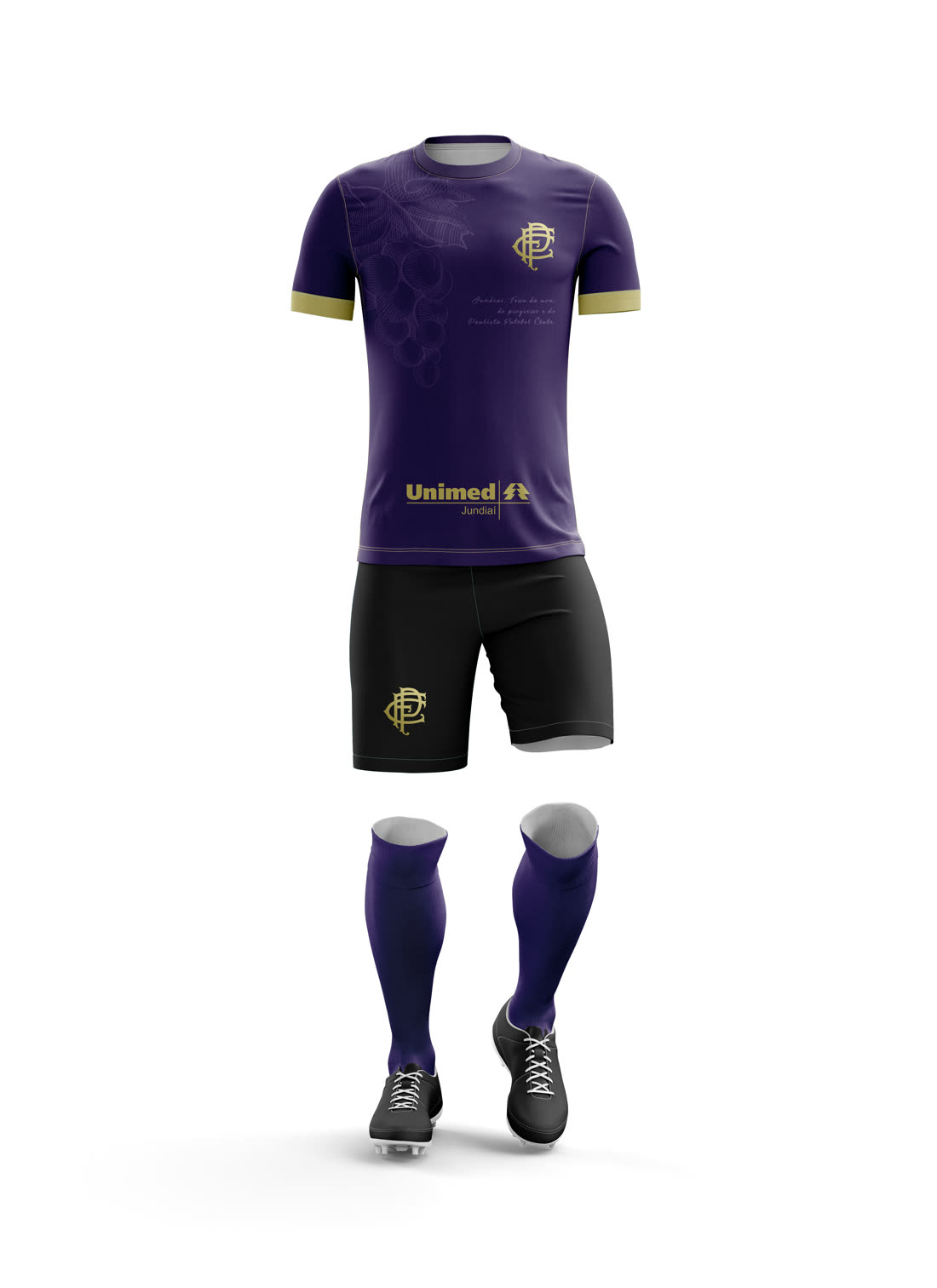 Conjunto completo do uniforme 3 do Paulista FC, em roxo.