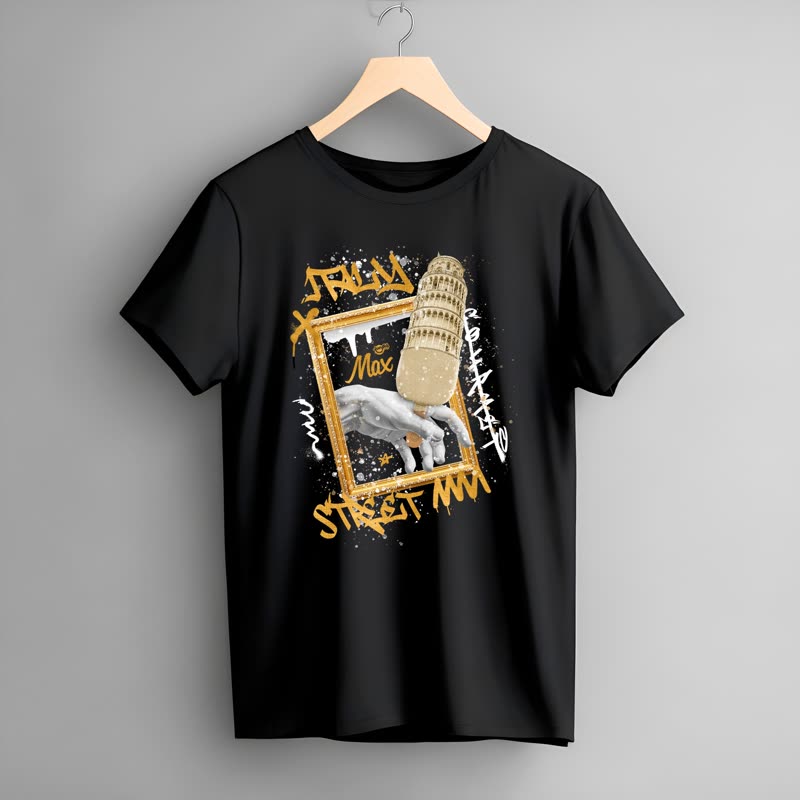 Camiseta preta com a estampa da Torre de Pisa em grafite, da linha Street Art.