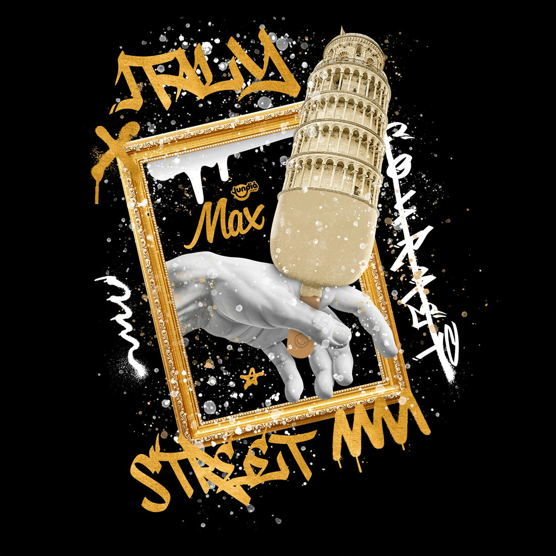 Arte da linha Max Street: a Torre de Pisa como sorvete apoiada numa mão de mármore, com grafites dourados.