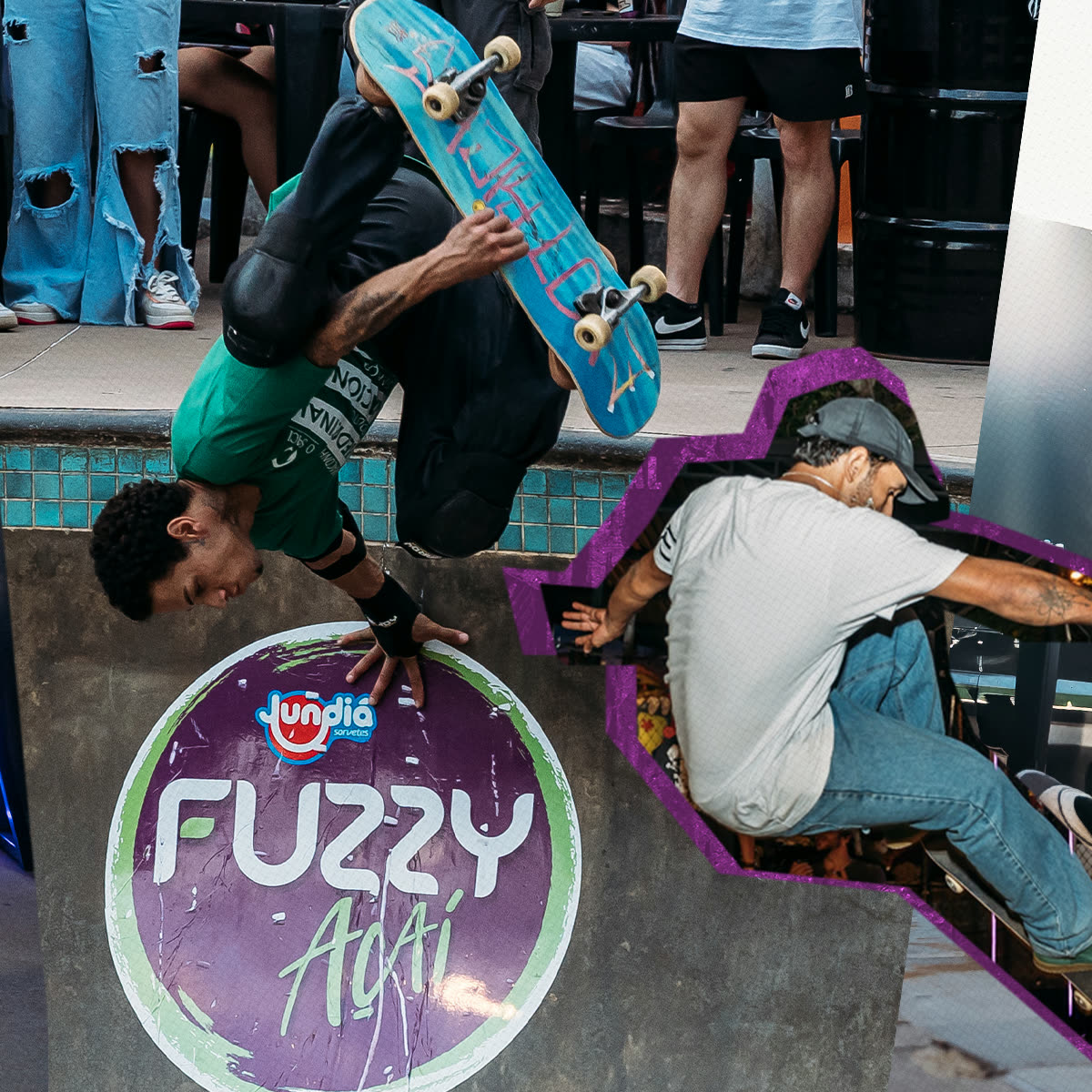 Dois skatistas em manobra na borda da piscina, com o logo do Fuzzy Açaí pintado no fundo.