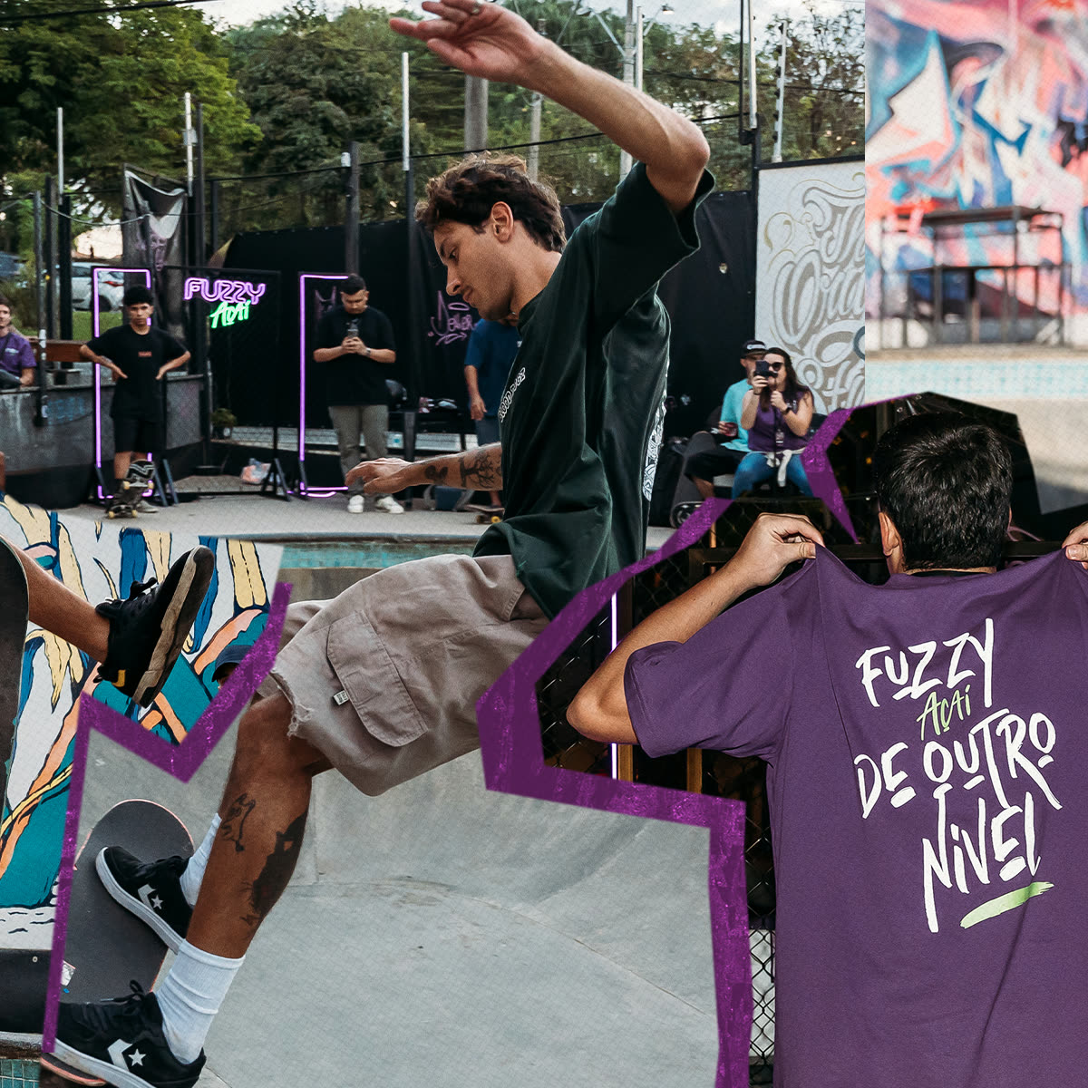Colagem do evento: skatista em manobra e o detalhe da camiseta "Fuzzy Açaí de outro nível".