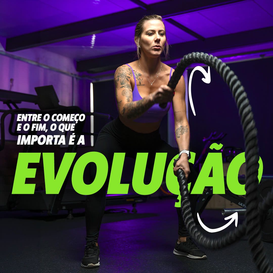 Post do Fuzzy em academia com luz roxa e a chamada sobre evolução entre o começo e o fim.