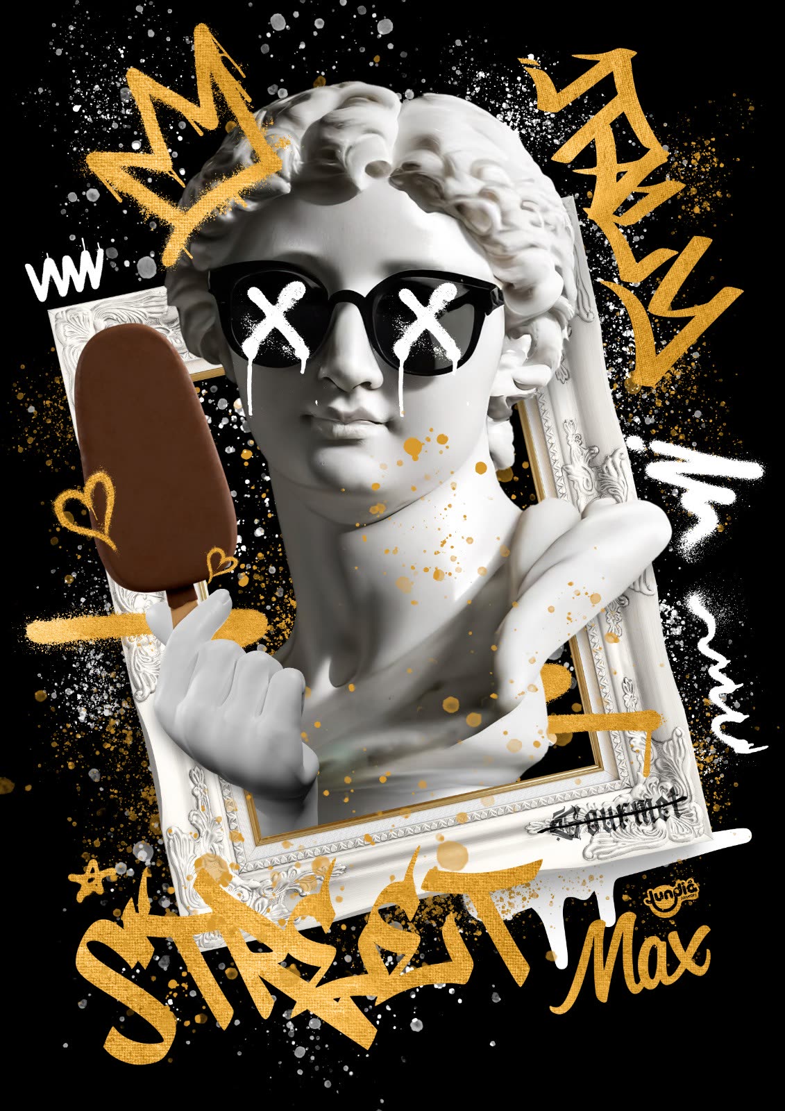 Arte da linha Max Street: busto clássico de óculos escuros segurando um picolé gourmet.