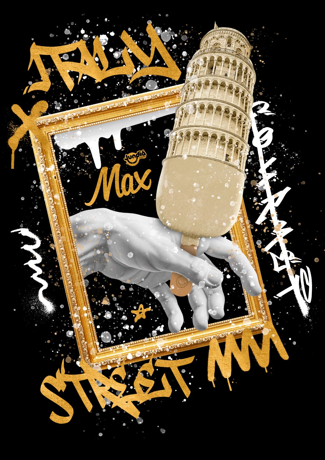 Arte da linha Max Street: a Torre de Pisa como sorvete apoiada numa mão de mármore, com grafites dourados.