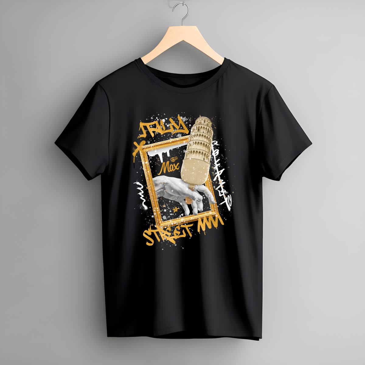 Camiseta preta com a estampa da Torre de Pisa da linha Max Street.