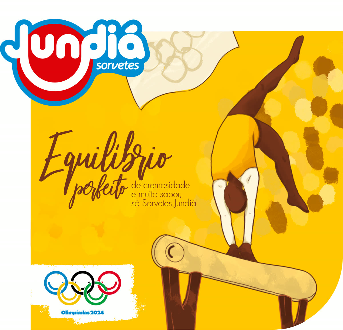 Adesivo de freezer da campanha olímpica, com ilustração de ginasta na trave e o mote do equilíbrio perfeito.