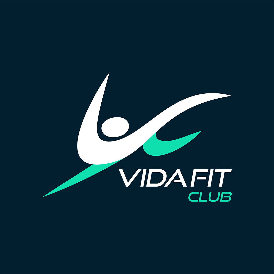 Logotipo do Vida Fit Club, com o nadador estilizado em branco e verde sobre fundo azul-escuro.