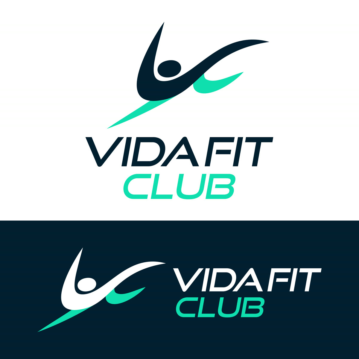 Assinatura vertical do Vida Fit Club nas versões clara e escura, uma sobre a outra.