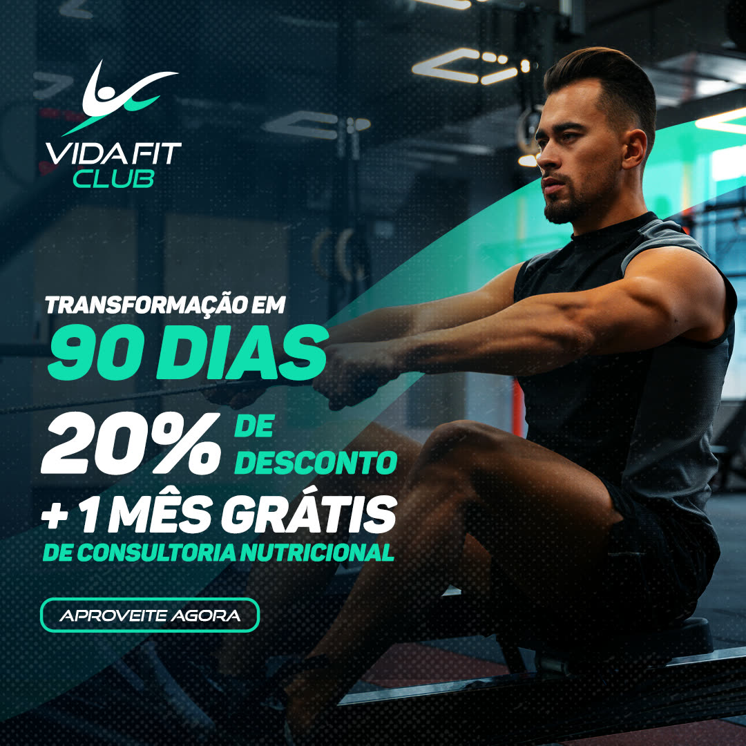 Post da oferta de 90 dias, com atleta sentado em aparelho de remo.