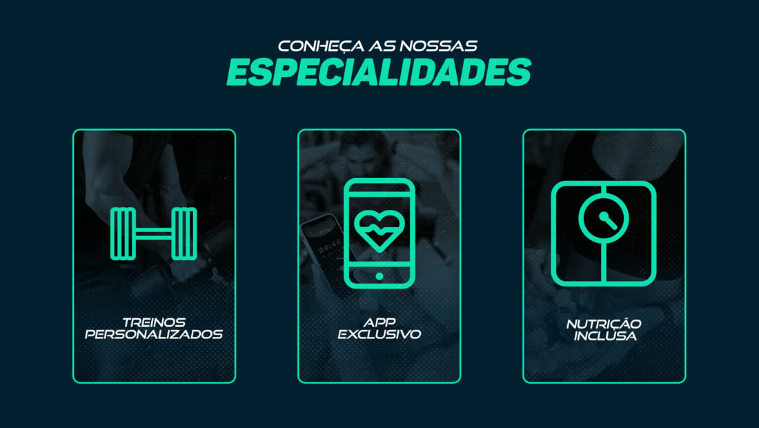 Seção de especialidades do site, com três cartões: treino personalizado, app exclusivo e nutrição.