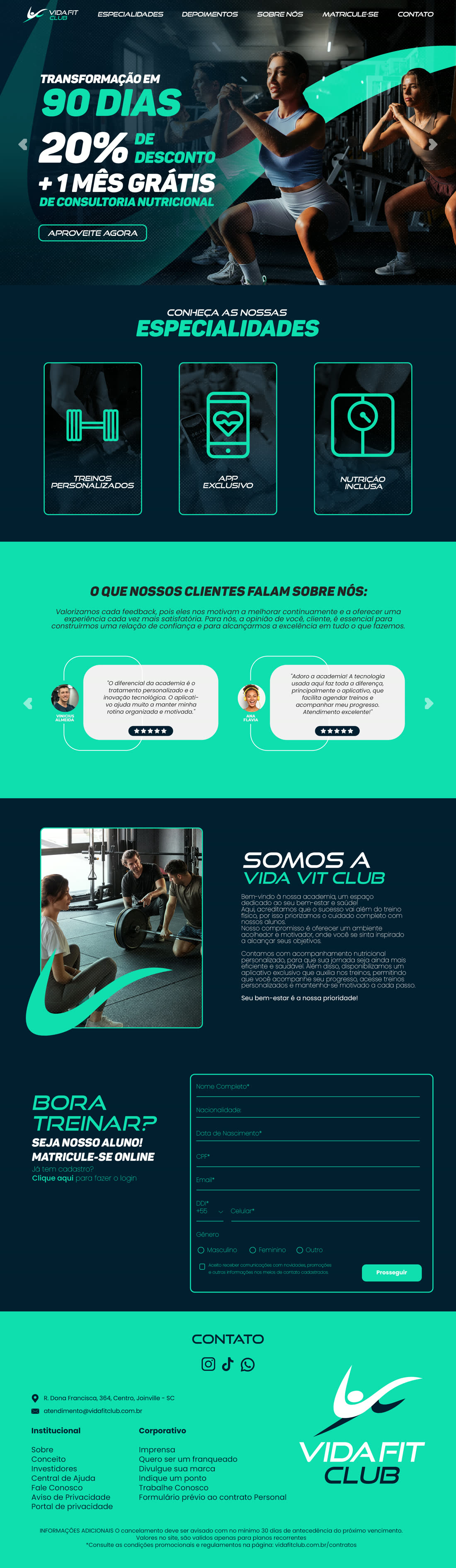 Layout completo do site do Vida Fit Club, do cabeçalho ao rodapé.
